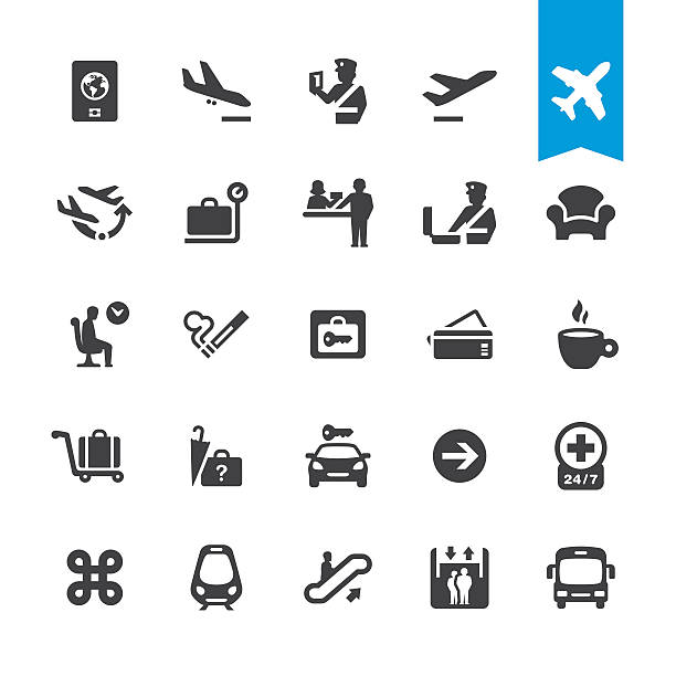 ilustraciones, imágenes clip art, dibujos animados e iconos de stock de vector de iconos de navegación aeropuerto - oficina de objetos perdidos