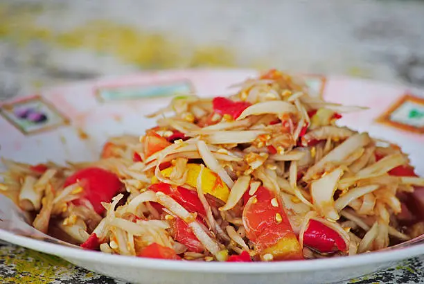 Salad is a dish of Thailand. The origin is obviously the most likely comes from the northeast of Thailand.