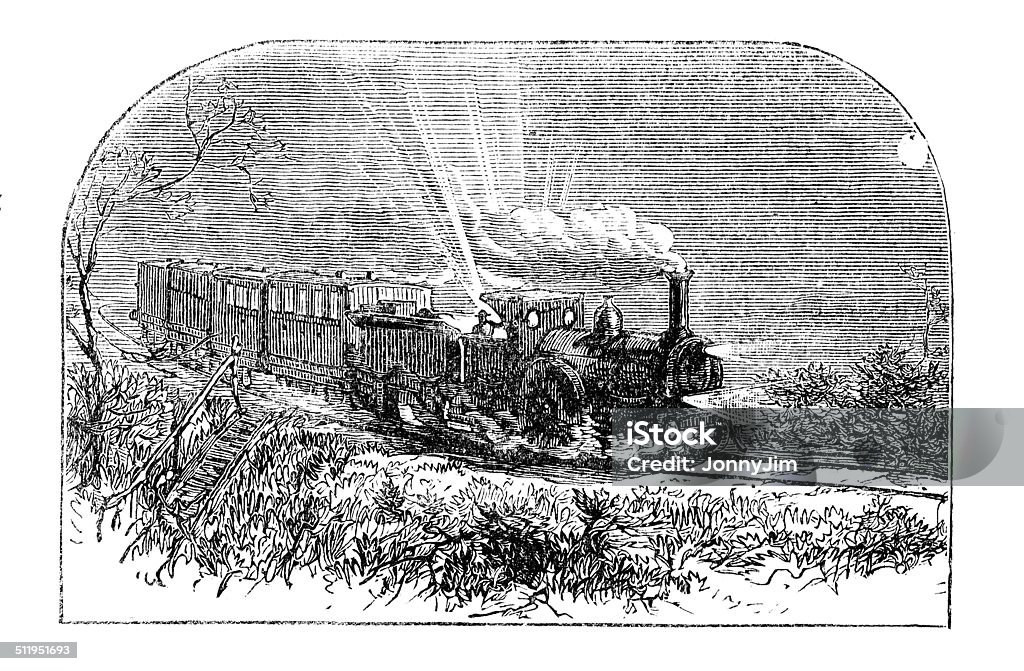 Victorian engraving steam train  from 1880 journal Picture shows a stem train puffing along a single track 19th Century Style stock illustration