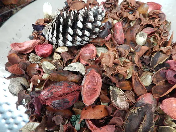 Photo showing an attractive bowl of pot pourri, displayed in a large metal dish and consisting of perfumed / scented cedar woodshavings, dried petals, flowers, pine cones, leaves, seeds, cloves, lemon peel, cinnamon sticks, rose hips and herbs.