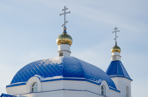 The dome of the Church of St. Andrew on a blue sky background.  Russia, Republic of Tatarstan, city Zelenodolsk.