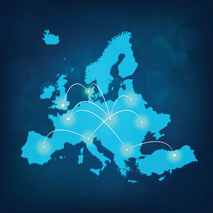 Europe map with lights connected on blue background. Hires JPEG (5000 x 5000 pixels) and EPS10 file included.