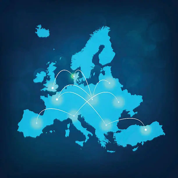 Vector illustration of Europe map with lights connected on blue background