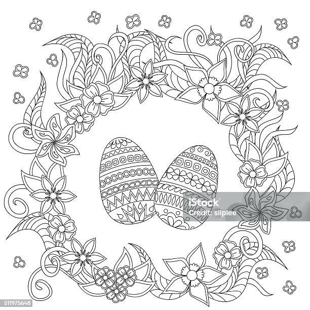 Eggs Decorated With Doodle Flowers Stock Illustration - Download Image Now - Easter, Adult, Coloring