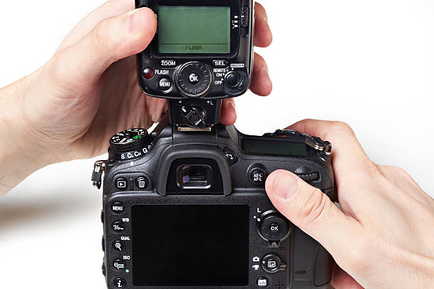 istock Photographer set external flash on digital SLR camera 511975838