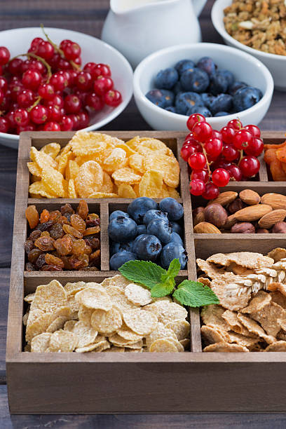 istock breakfast cereal and other ingredients in a wooden box, vertical 511976334