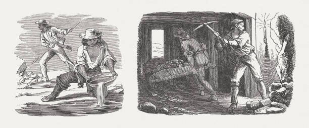 Gold washers and miners, wood engraving, published in 1880 Gold washers and miners. Historical views of the 19th century. Wood engravings, published in 1880. gold mining panning stock illustrations