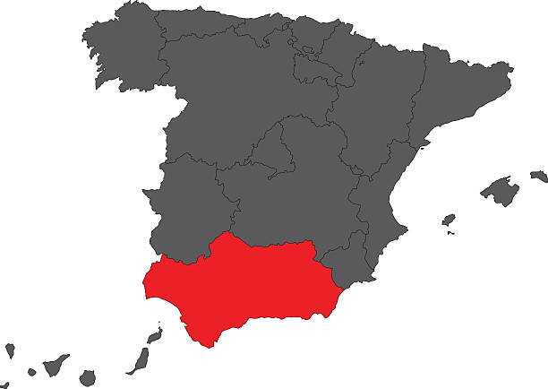 ilustraciones, imágenes clip art, dibujos animados e iconos de stock de andalucía rojo sobre gris mapa del vector de mapa de españa - almeria granada