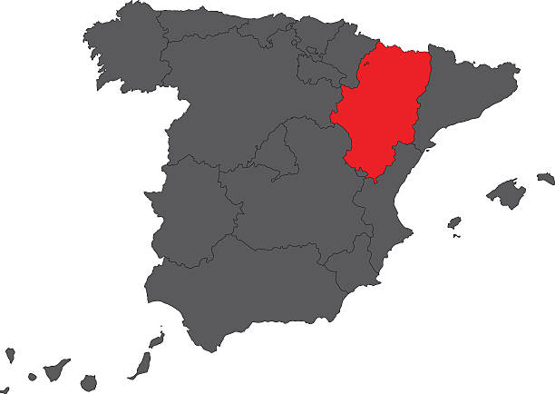 арагон красной карты на серую карту, векторные испания - провинция теруэль stock illustrations