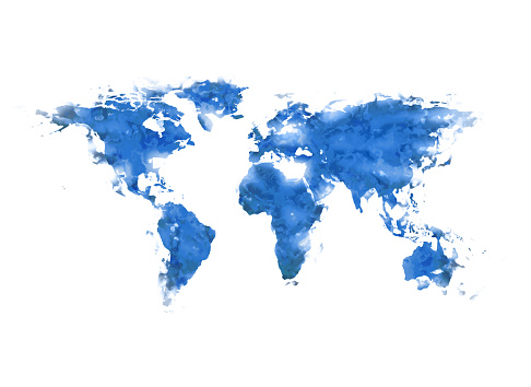 World map blue paint isolated on white background 