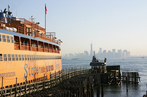 New York City, USA - August 24, 2015: Ferry is waiting for passangers at Staten Island, one of the five boroughs of New York City.