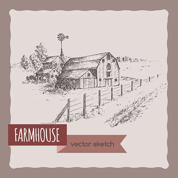 Vector illustration of American farm house, barn and pasture hand drawn vector sketch.