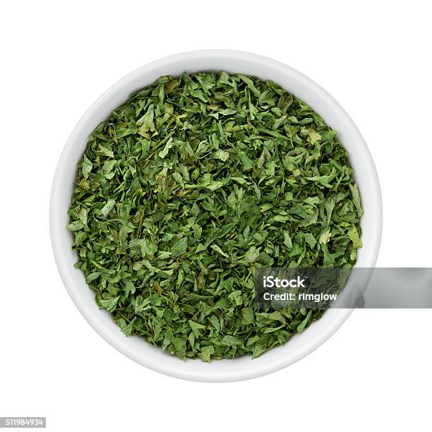 Dried Parsley Flakes In A Ceramic Bowl Stock Photo - Download Image Now - Parsley, Dry, Aerial View