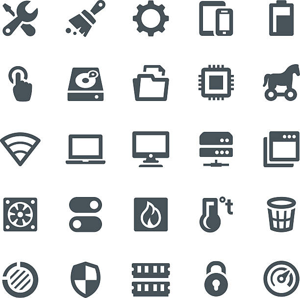 System Maintenance Icons Computer icons, maintenance, icon, system, tools, hard drive, technology laptop in a trash bin stock illustrations