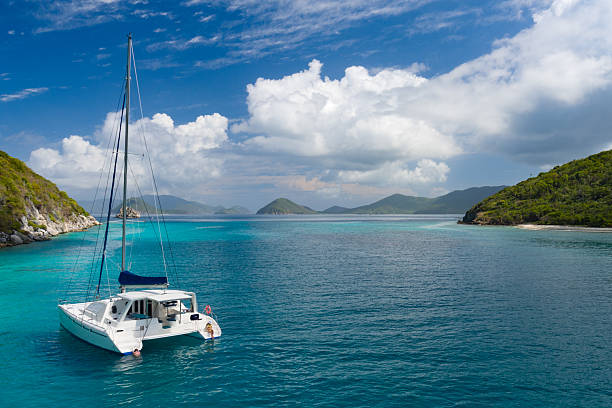 Catamaran anchored by Lovango Cay, US Virgin Islands Aerial view of people relaxing on Catamaran at anchor outside of Lavango Cay, United States Virgin Islands catamaran sailing boats stock pictures, royalty-free photos & images