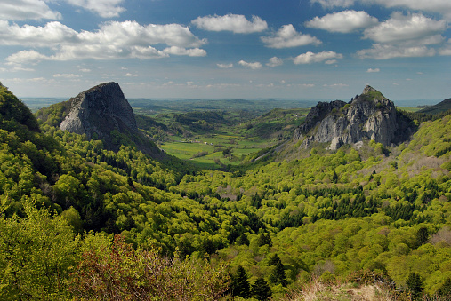 Landscape in the Auvergne, France, showing the Roche Sanadoire and the Roche Tuilière in the Monts Dore area.