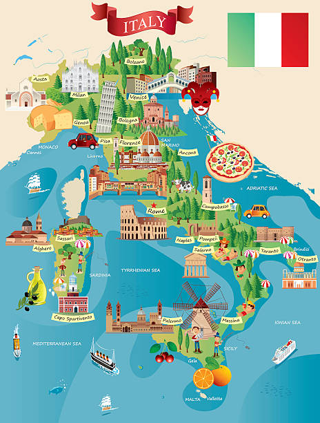 cartoon karte von italien - mediterranean cuisine stock-grafiken, -clipart, -cartoons und -symbole