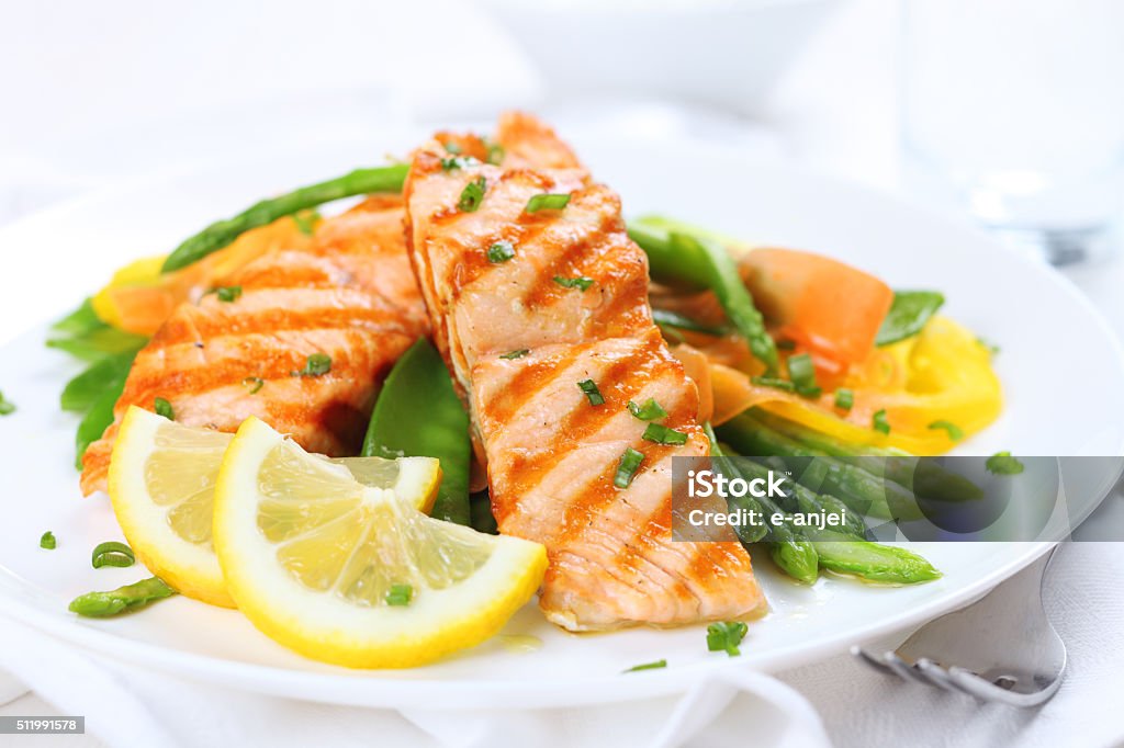 fried salmon fried salmon on a plate close up Salmon - Seafood Stock Photo