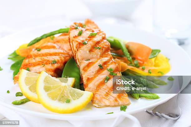 Fried Salmon Stock Photo - Download Image Now - Salmon - Seafood, Plate, Seafood