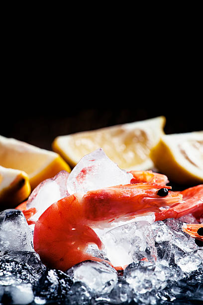 istock Frozen shrimps on crushed ice on a dark background 511993070