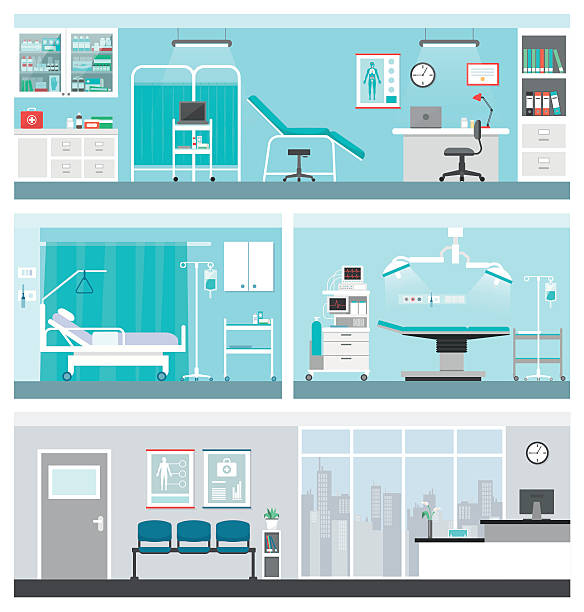 Hospital and healthcare Hospital and healthcare banners set, doctor office, ward, surgery operating room, waiting room and reception hospital room stock illustrations