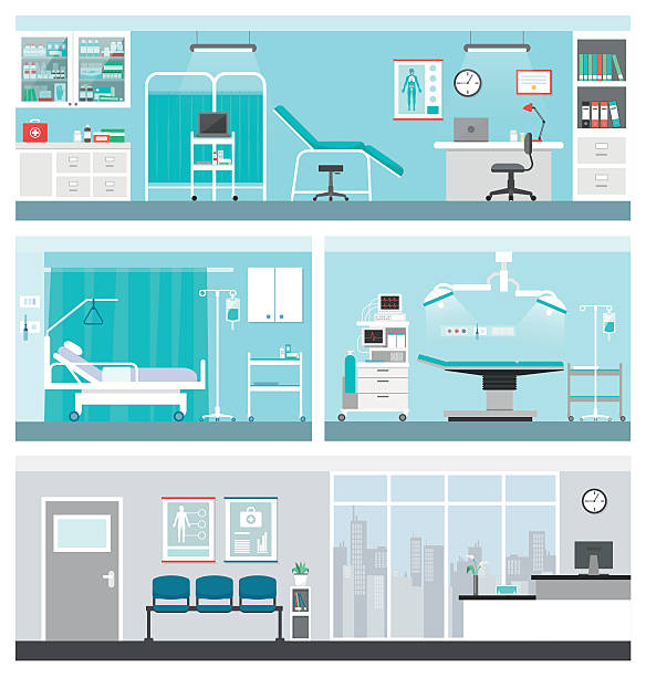 Hospital and healthcare Hospital and healthcare banners set, doctor office, ward, surgery operating room, waiting room and reception hospital ward stock illustrations