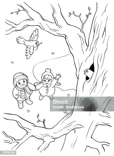 Coloring Book Bird On The Tree And Two Children Stock Illustration - Download Image Now - Abstract, Adult, Art