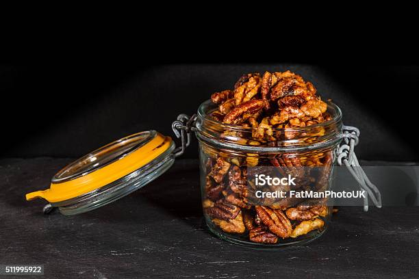 Jar With Mixed Garlic And Rosemary Roasted Nuts Stock Photo - Download Image Now - Bar - Drink Establishment, Brown, Butter