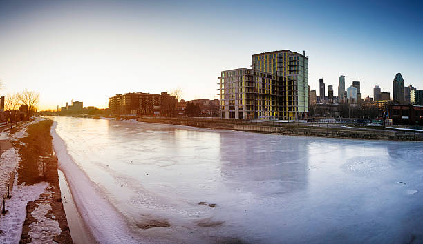 istock Frozen canal Lachine River at sunset panorama 511996224