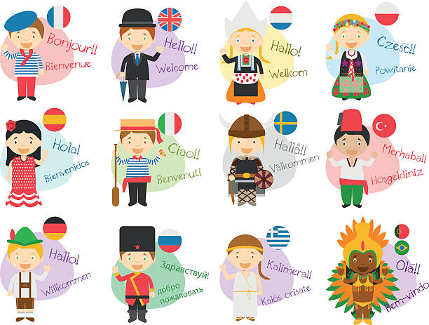 stockillustraties, clipart, cartoons en iconen met vector illustration of cartoon characters in 12 different languages - duitse-cultuur