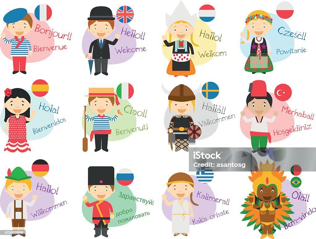 Vector illustration of cartoon characters in 12 different languages - Royalty-free Çocuk Vector Art