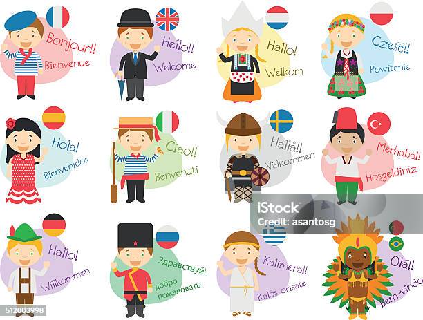 Vector Illustration Of Cartoon Characters In 12 Different Languages Stok Vektör Sanatı & Çocuk‘nin Daha Fazla Görseli