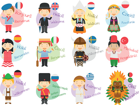 Vector illustration of cartoon characters saying hello and welcome in 12 different languages: english, french, spanish, german, italian, russian, dutch, sweden, greek, polish, turkish and portuguese or brazilian.