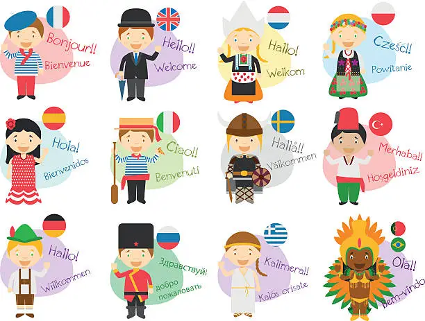Vector illustration of Vector illustration of cartoon characters in 12 different languages