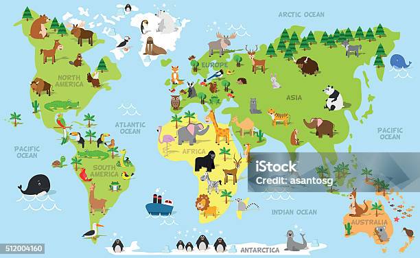 Funny Cartoon World Map With Animals Stock Illustration - Download Image  Now - World Map, Child, Animal - iStock