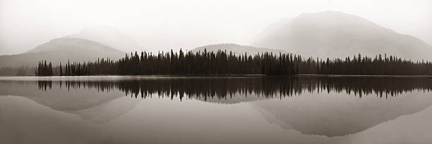 Foggy mountain lake Mountain and forest over lake with reflections in a foggy day. yoho national park photos stock pictures, royalty-free photos & images