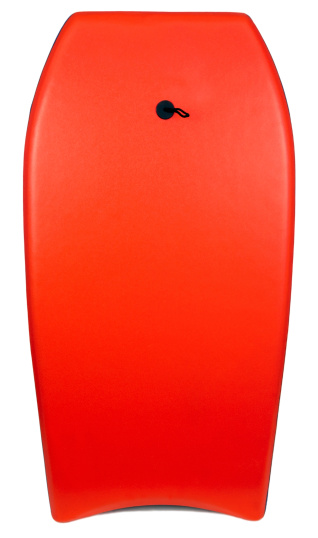 Boogie or body board. Red. White background. Vertical.