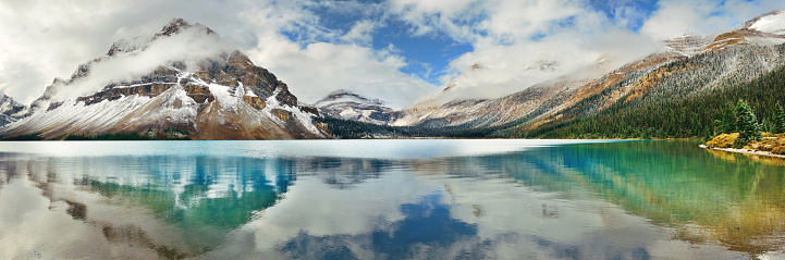 Bow Lake panorama reflection with snow capped mountain and forest in Banff National Park