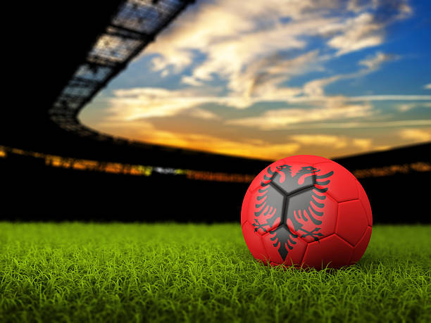 istock Soccer Background with Ball and Albania Flag 512032032