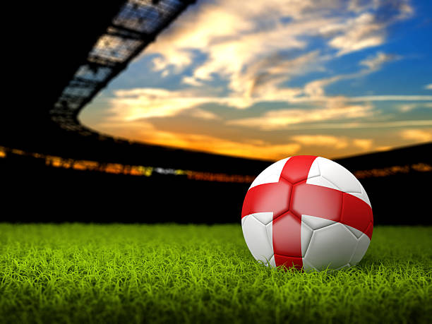Soccer Background with Ball and England Flag Soccer Stadium Background with Ball, England Flag. High detailed 3D of Soccer ball with national flag and grass against stadium derbyshire photos stock pictures, royalty-free photos & images