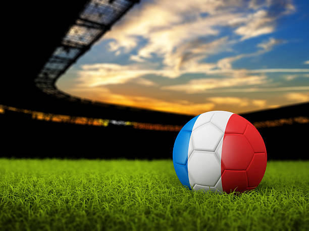 Soccer Background with Ball and France Flag Soccer Stadium Background with Ball, France Flag. High detailed 3D of Soccer ball with national flag and grass against stadium derbyshire photos stock pictures, royalty-free photos & images