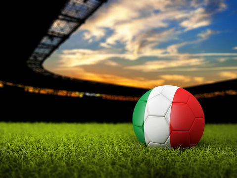 Soccer Stadium Background with Ball, Italy Flag. High detailed 3D of Soccer ball with national flag and grass against stadium