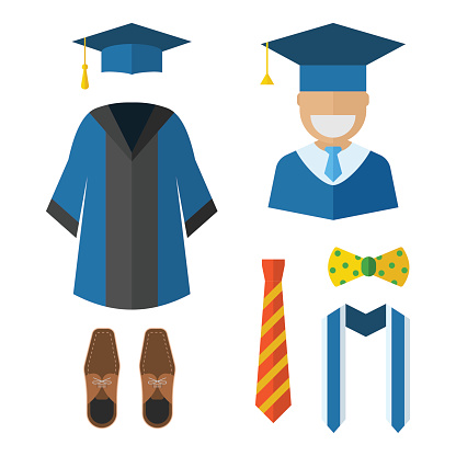 Graduation clothes and accessories set. Graduate gown, tie, ribbon, shoes, bow-tie and hat with graduation happy guy vector icon isolated on white. Graduation ceremony dress wear man set.