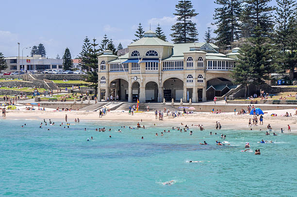 Indian Tea House Cottesloe,WA,Australia-January 6,2016: Indiana Tea house with people on summer break at Cottesloe Beach and Indian Ocean waters in Cottesloe, Western Australia. cottesloe stock pictures, royalty-free photos & images