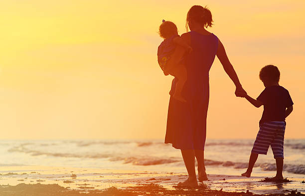 istock mother and two kids walking on beach at sunset 512042282
