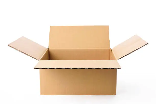 Opened blank rectangular empty cardboard box isolated on white background with clipping path.