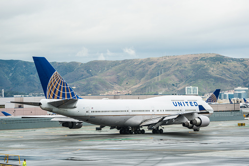 San Francisco, United States - January 10, 2016: United Airlines Boeing 747 airplane ready to takeoff at the San Francisco International Airport in San Francisco, United States