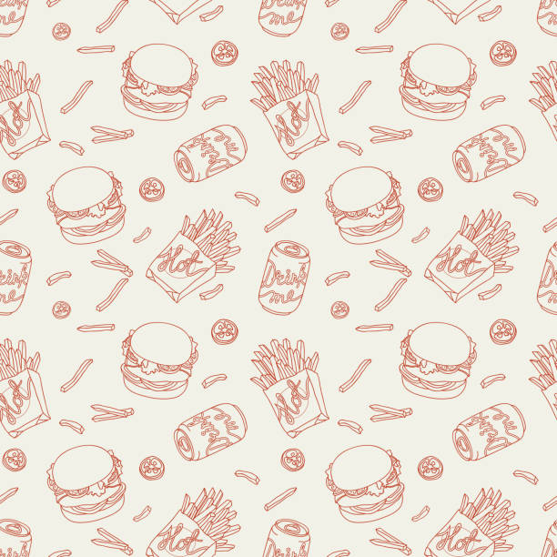 stockillustraties, clipart, cartoons en iconen met hand drawn fast food doodle pattern - patat