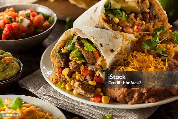 Homemade Giant Beef Burrito Stock Photo - Download Image Now - Appetizer, Bean, Beef