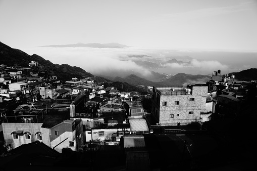 taiwan jiu fen old town hill view black & White